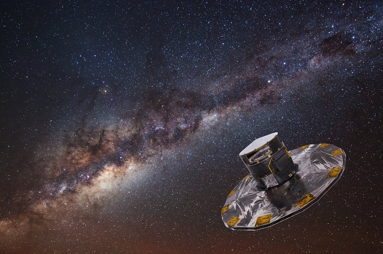 天の川を背景に、円形のサンシールドを広げた位置天文衛星Gaiaの想像図