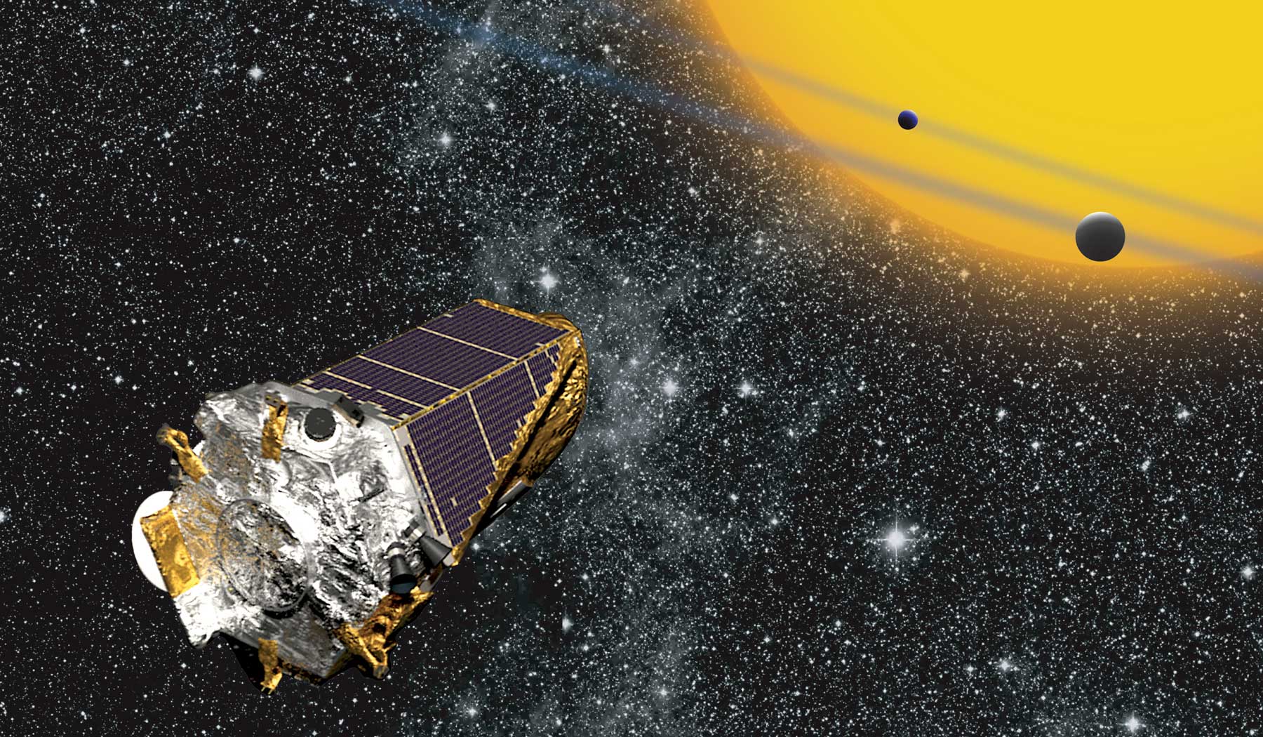 Artist’s impression of the Kepler space telescope observing planets transiting a distant star.