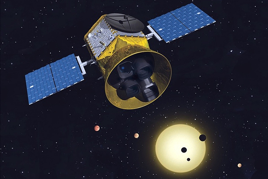 Conceptual image of TESS, with blue solar panels and four cameras, above planets transiting a star.